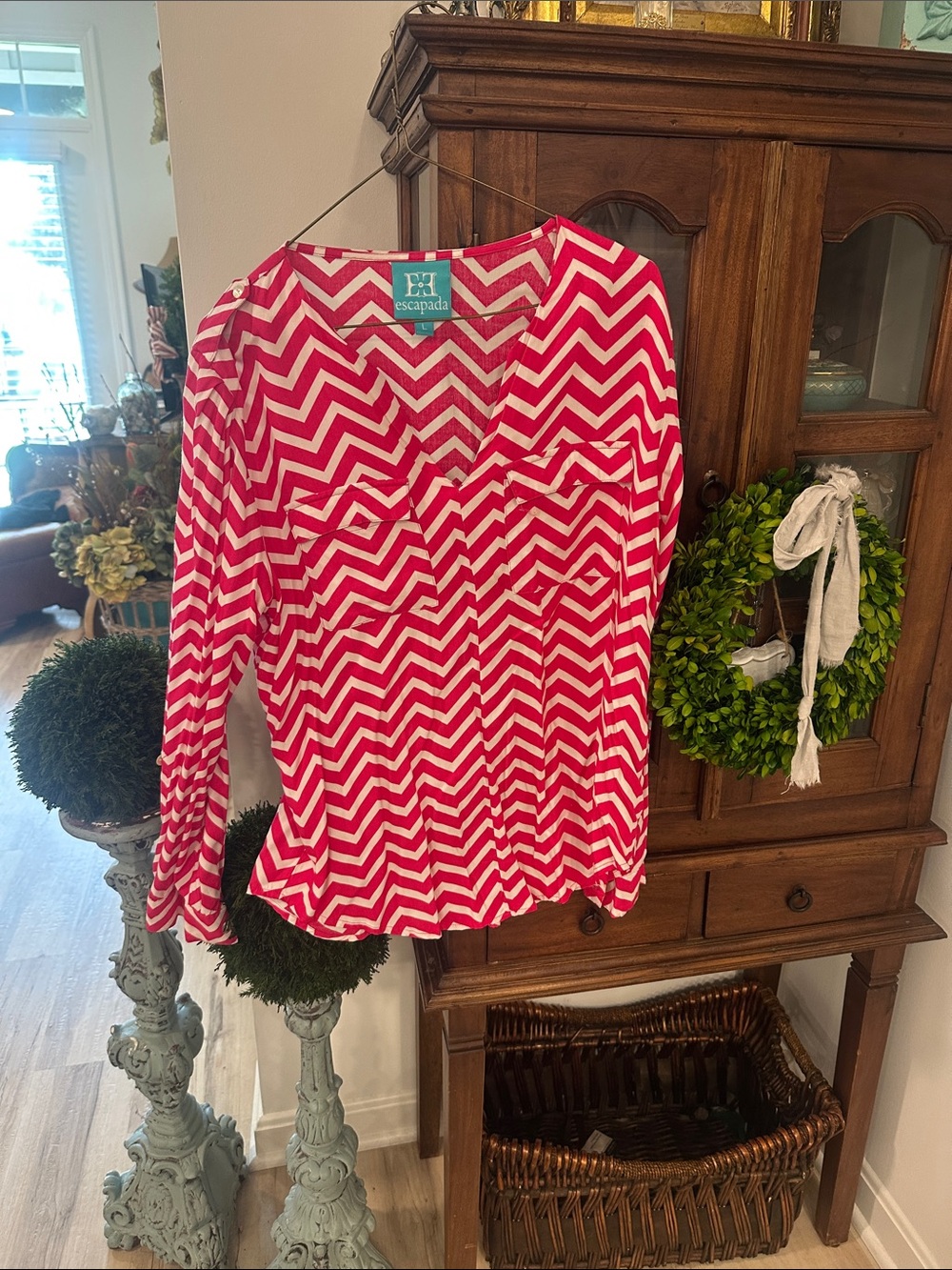 escapada Hot Pink and White Chevron Button-Down Blouse